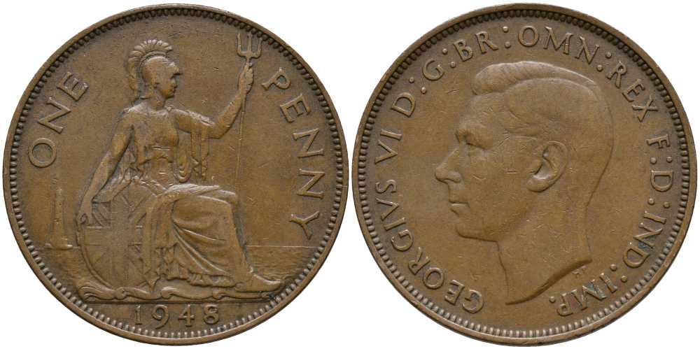 Великобритания 1 пенни 1948 Георг VI (1936-1952) KM 845, Spink 4114 бронза 115-433