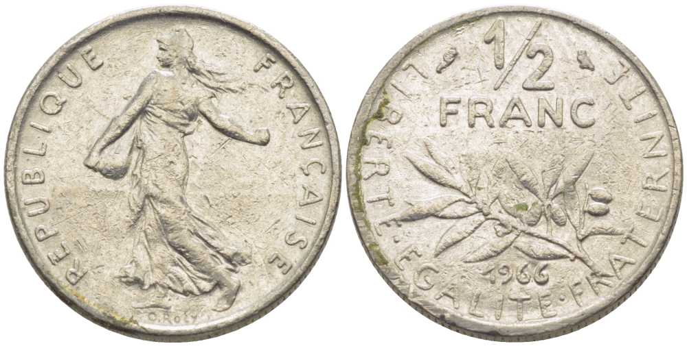 ФРАНЦИЯ 1/2 ФРАНКА 1966 СЕЯТЕЛЬ KM 931.1, LE FRANC 198.5 никель 175-931