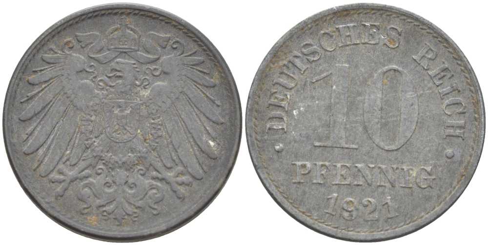 ГЕРМАНИЯ 10 ПФЕННИГОВ 1921 (1917-1922) KM 26, J. 299, Weege 8 цинк 210-251