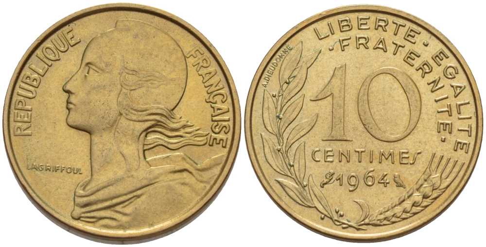 ФРАНЦИЯ 10 САНТИМОВ 1964 ТИП MARIANNE KM 929, LE FRANC 144.4 медь алюминий никель 201-352