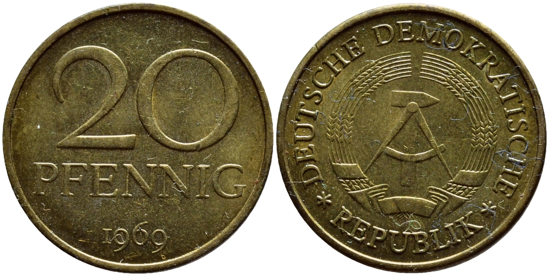 ГДР 20 пфеннигов 1969 А, первый год KM 11 латунь UNC 73-1332