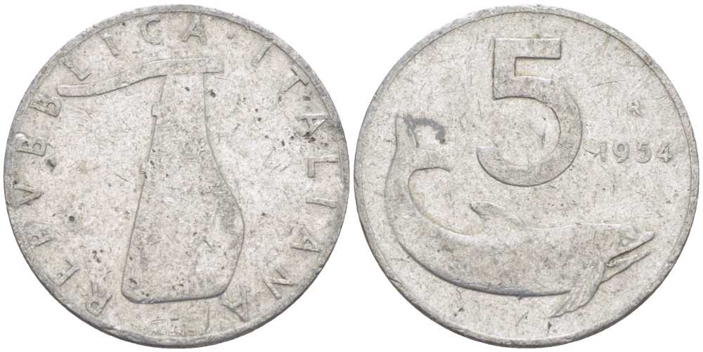 ИТАЛИЯ 5 ЛИР 1954 R, РУЛЬ, ДЕЛЬФИН KM 92 алюминий 95-1241