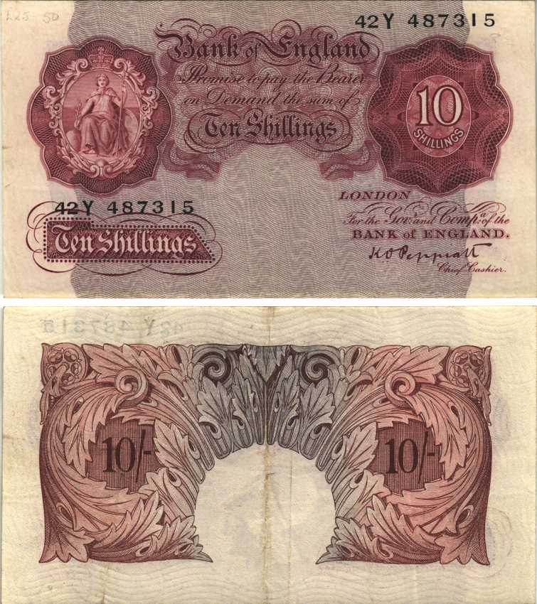 АНГЛИЯ 10 ШИЛЛИНГОВ 1934-1939 КОРИЧНЕВАЯ, ПОДПИСЬ K.O. PEPPIATT Pick 362с бумага VF-XF 7207-38-1