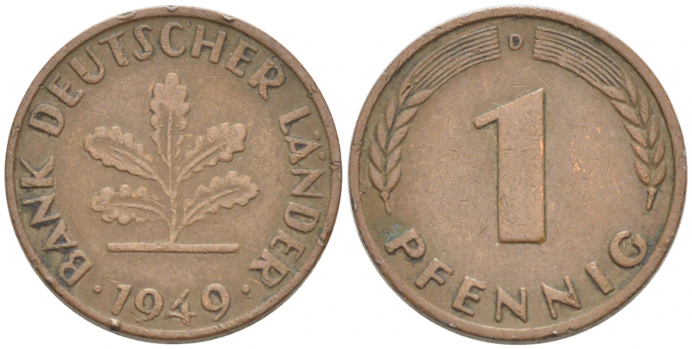 ФРГ 1 ПФЕННИГ 1949 D KM А101, J.376 сталь плакированная медью 3955-513