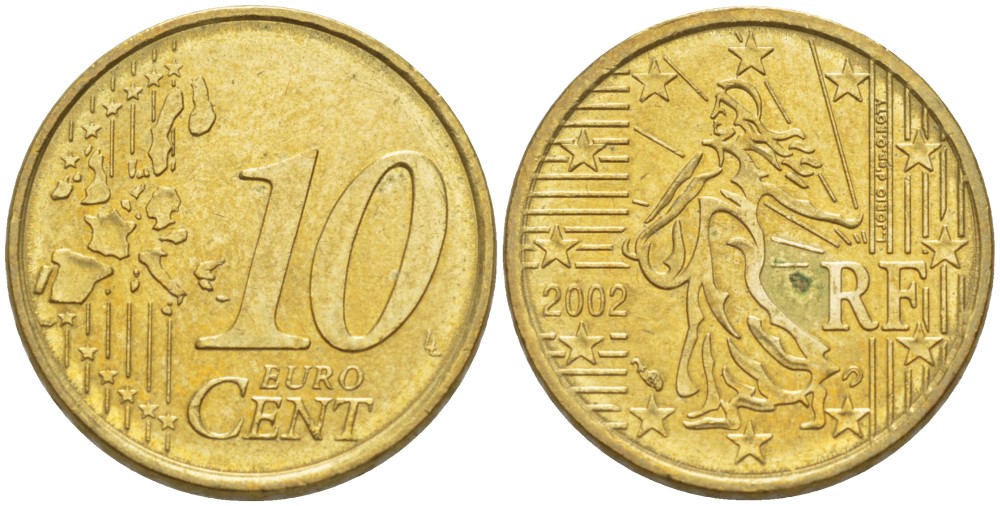 Франция 10 евроцентов 2002 KM 1285 латунь 216-1146