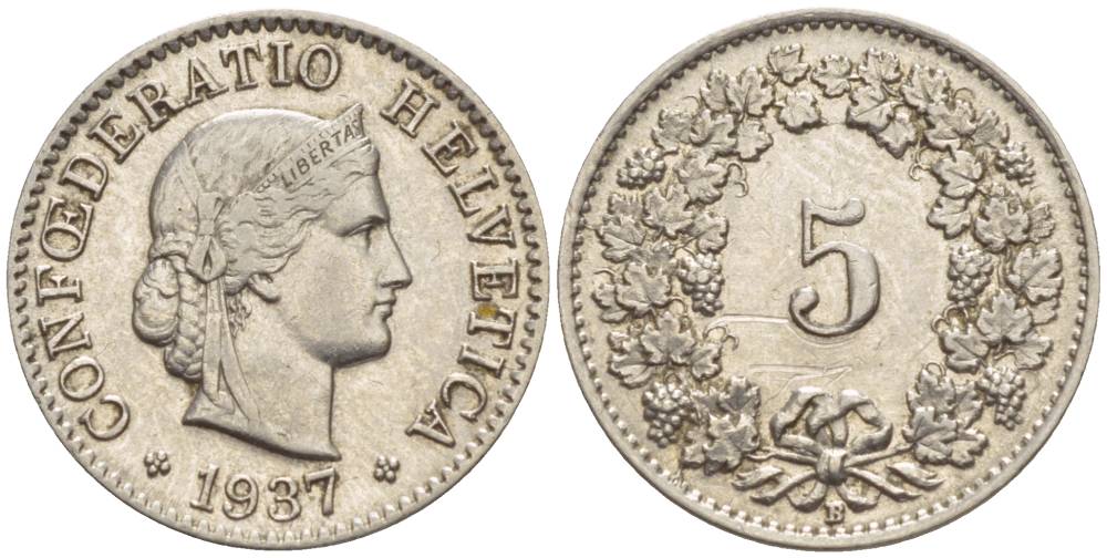 ШВЕЙЦАРИЯ 5 РАППЕНОВ 1937 В KM 26 медно-никель 4532-934