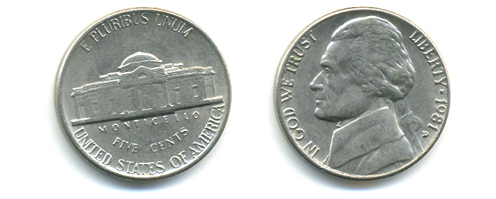 США 5 ЦЕНТОВ 1981 D, ДЖЕФФЕРСОН KM А192 медно-никель 86-611