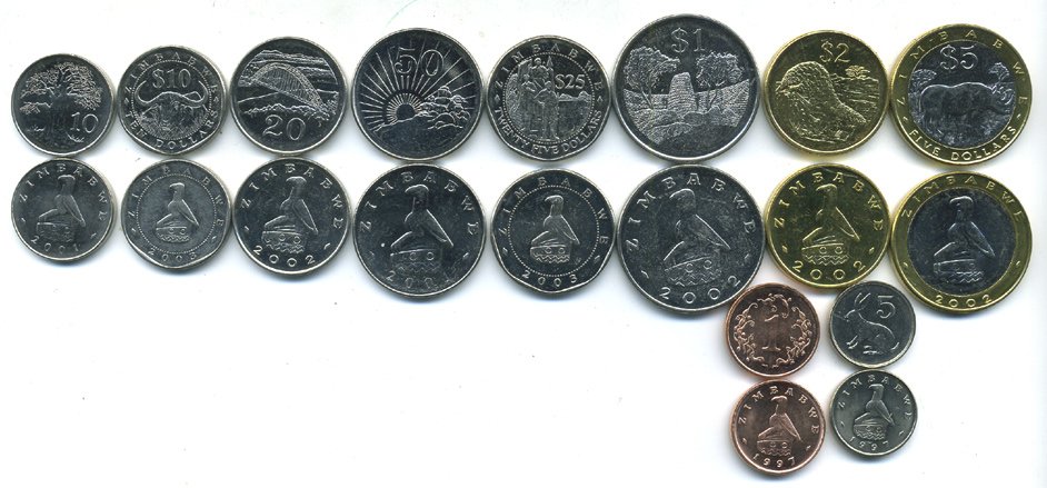 Зимбабве лот из 10 монет 1997-2003 (1, 5, 10, 20, 50 центов, 1, 2, 5, 10, 25 долларов) UNC 181-1121-1133