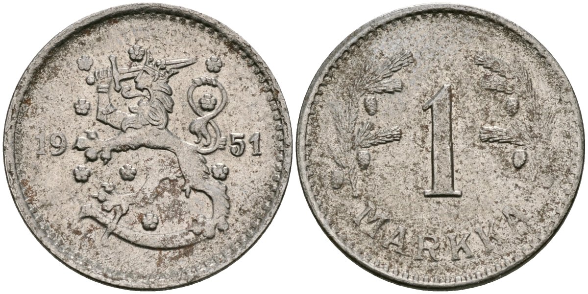 Финляндия 1 марка 1951 Н KM 30b железо 4580-1255