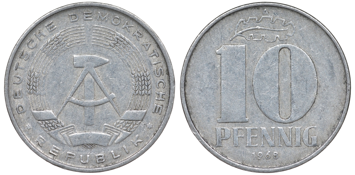 ГДР 10 пфеннигов 1968 A KM 10 алюминий 62-812