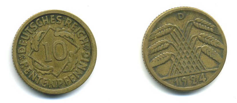 ГЕРМАНИЯ 10 РЕНТЕНПФЕННИГОВ 1924 D KM 33, J. 309, Weege 8 алюминиевая бронза 46-1355