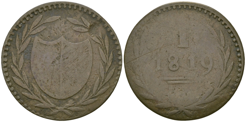 ФРАНКФУРТ НА МАЙНЕ 1 ПФЕННИГ 1819 ЕВРЕЙСКИЕ ПФЕННИНГИ, ТОКЕН JEWISH PFENNIGS (JUDEN PFENNIGE) KM Tn5 медь 99-1019