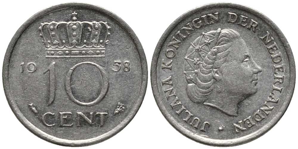 НИДЕРЛАНДЫ 10 ЦЕНТОВ 1958 ЮЛИАНА KM 182 никель 112-739