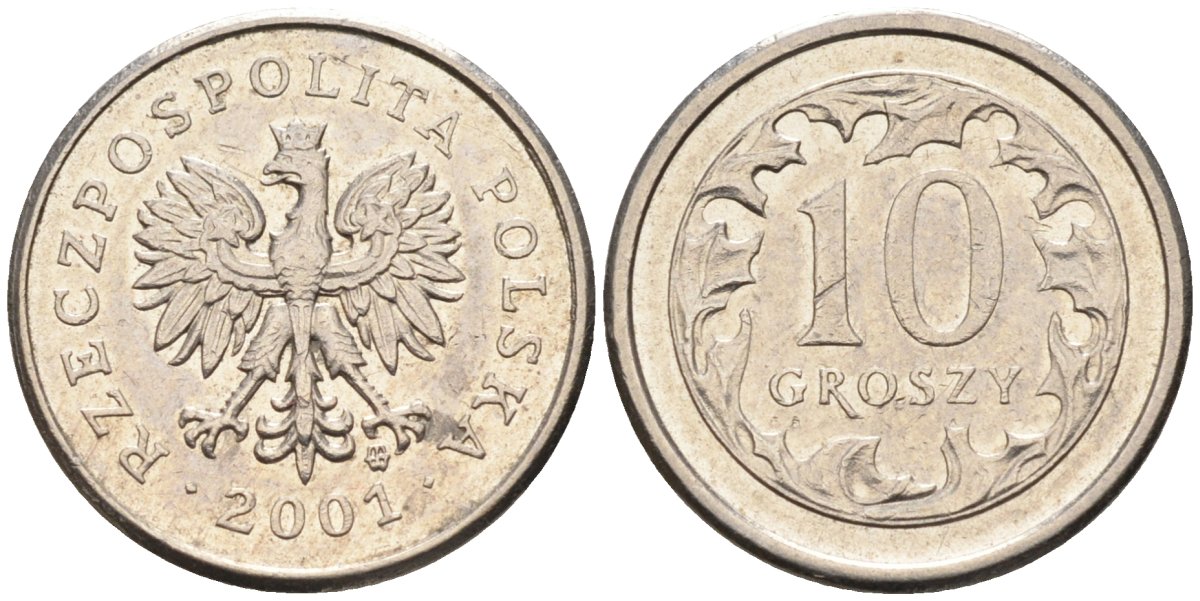 Польша 10 грошей 2001 MW KM 279, Parchimowicz 704h медно-никель 4580-637