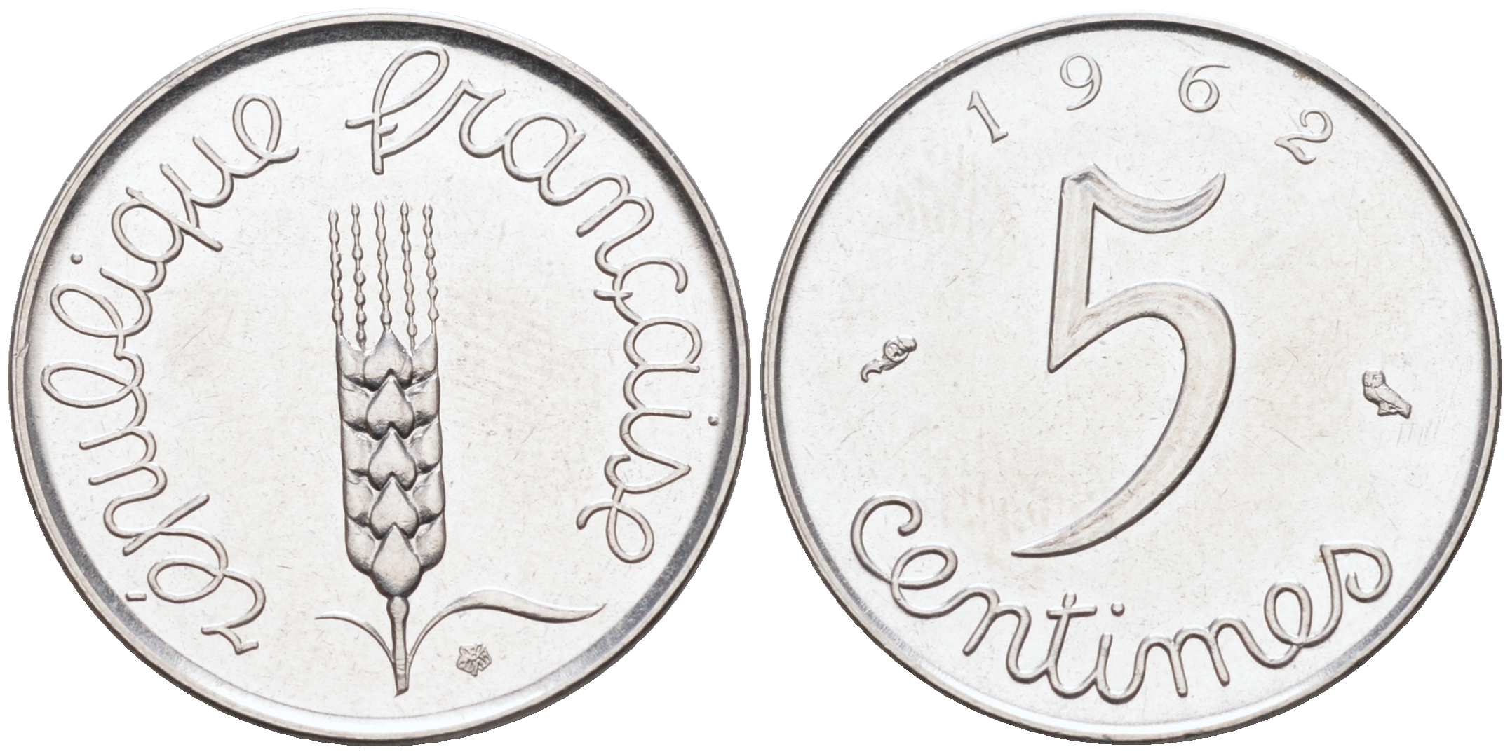 ФРАНЦИЯ 5 САНТИМОВ 1962 KM 927 хромированная сталь 4588-348