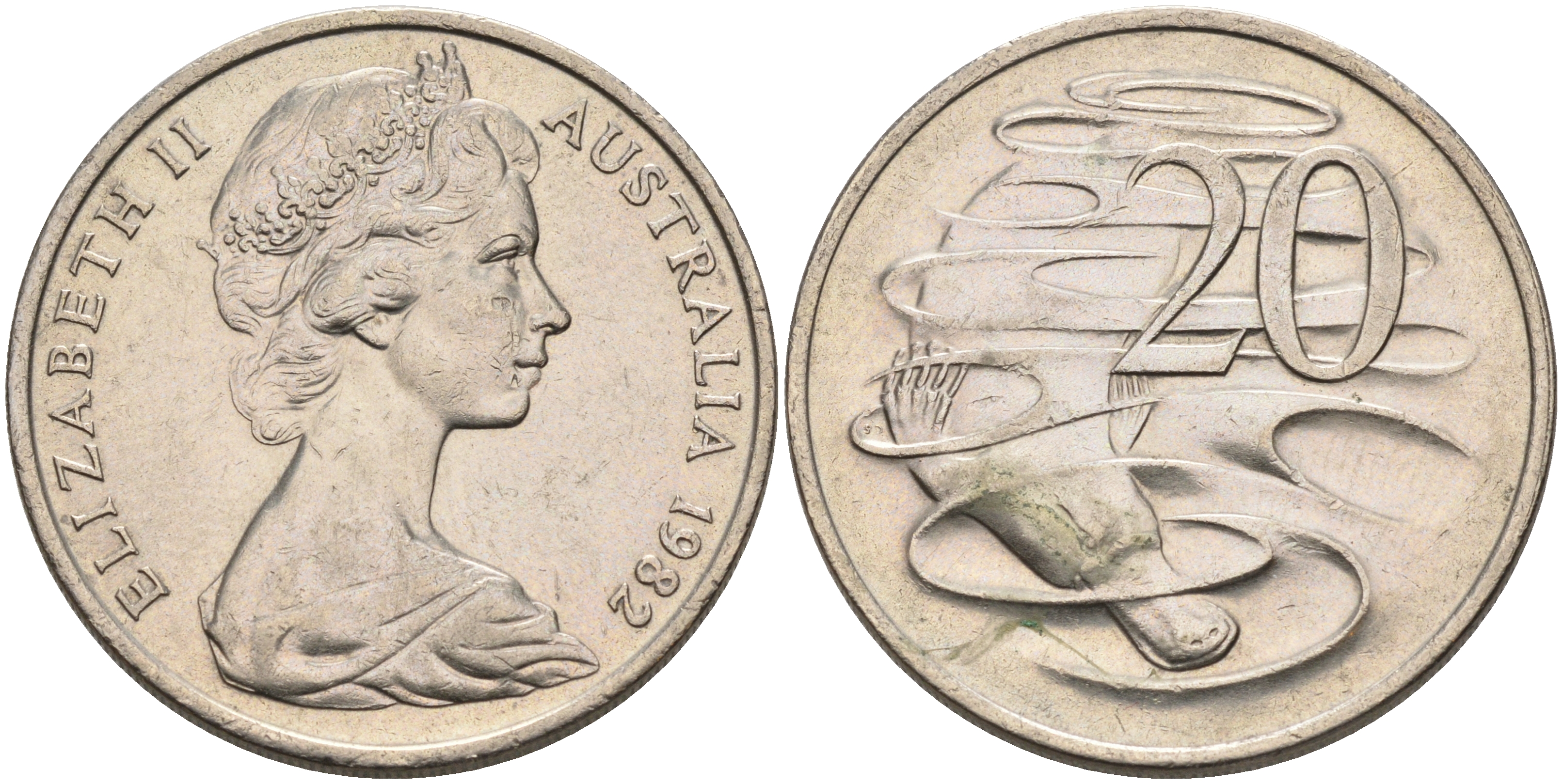 АВСТРАЛИЯ 20 ЦЕНТОВ 1982 ЕЛИЗАВЕТА II, МОЛОДОЙ ПОРТРЕТ, УТКОНОС KM 66 медно-никель 4565-831