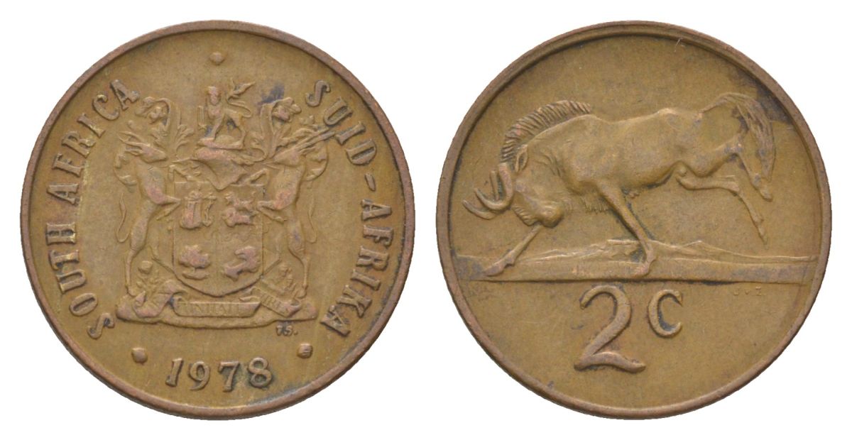 ЮАР 2 цента 1978 герб, антилопа гну KM 83 бронза 4627-166
