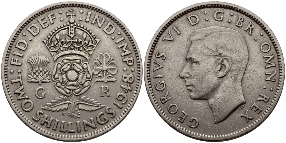 Великобритания 2 шиллинга (флорин) 1948 Георг VI (1936-1952) KM 878, Spink 4107 медно-никель 83-1715