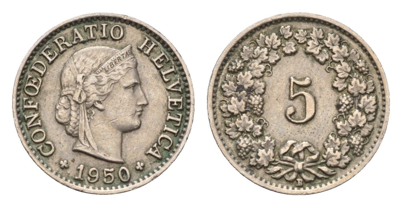 Швейцария 5 раппенов 1950 B, редкий год KM 26 медно-никель 46-1132