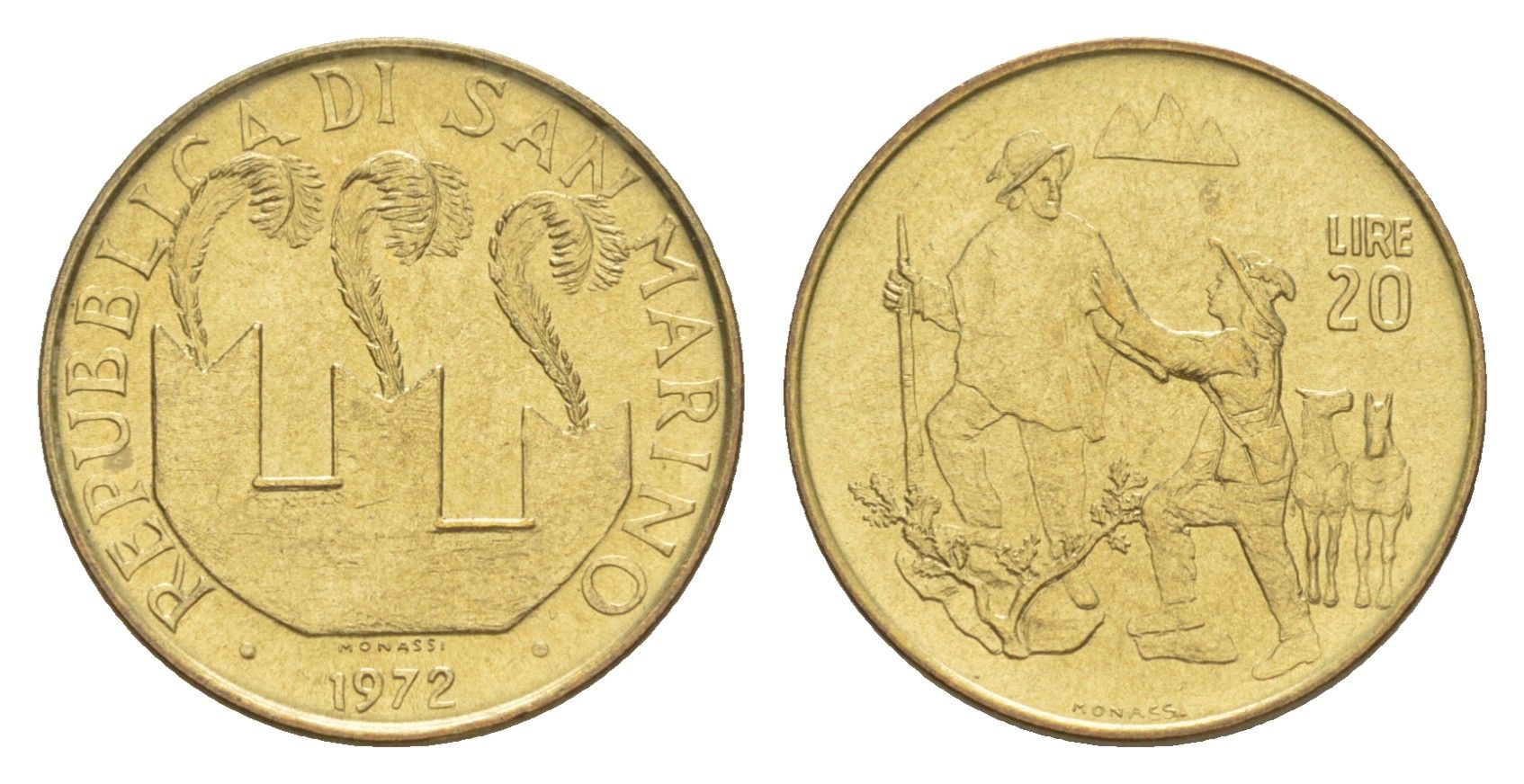 Сан-Марино 20 лир 1972 KM 18 алюминиевая бронза UNC 4647-159