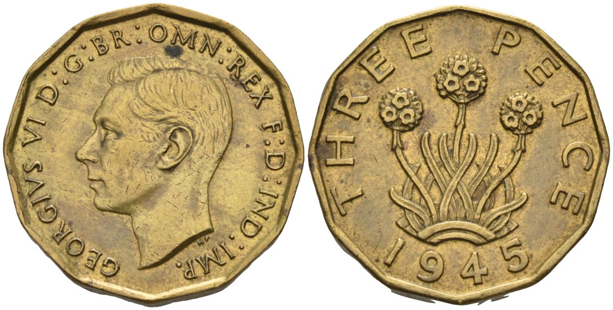 Великобритания 3 пенса 1945 Георг VI (1936-1952) KM 849, Spink 4112 никель латунь 4126-331