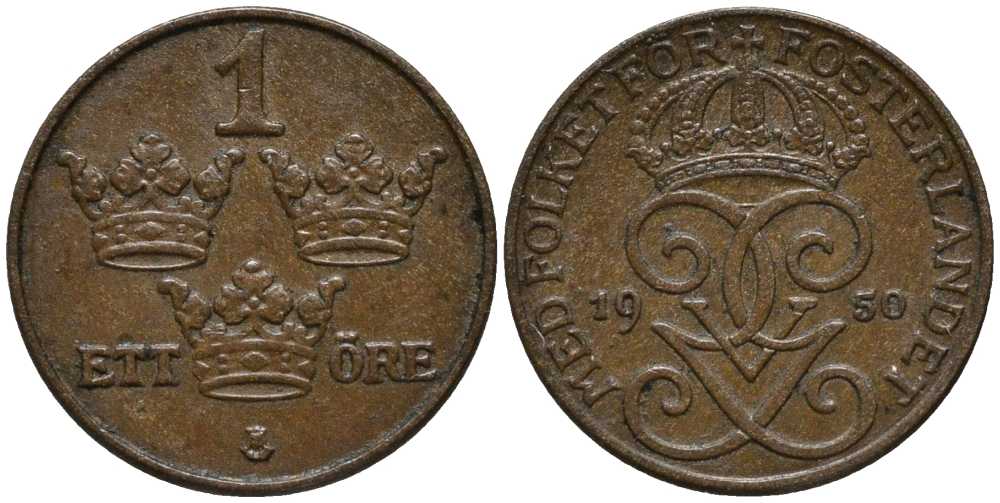 Швеция 1 эре 1950 Густав V (1907-1950) KM 777.2 бронза 201-1142
