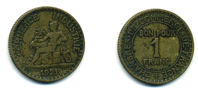 ФРАНЦИЯ 1 ФРАНК 1921 CHAMBRES DE COMMERCE KM 876, LE FRANC 218.3 алюминиевая бронза 84-421