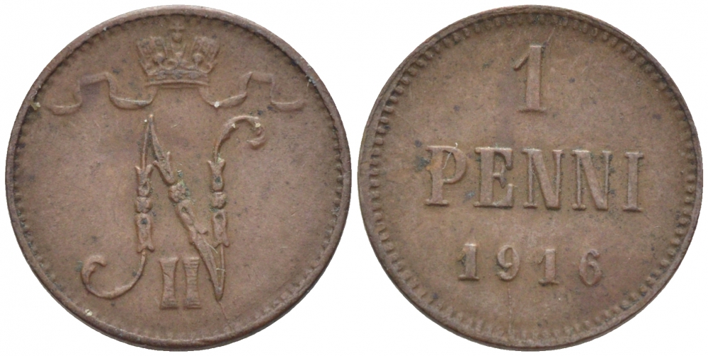 РОССИЯ ДЛЯ ФИНЛЯНДИИ 1 ПЕННИ 1916 НИКОЛАЙ II (1895-1917) KM 13, Биткин 476 медь 211-1049