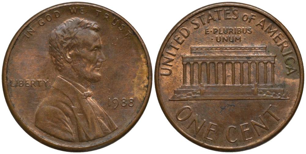 США 1 ЦЕНТ 1988 ЛИНКОЛЬН KM 201b цинк плакированный медью 4547-1114