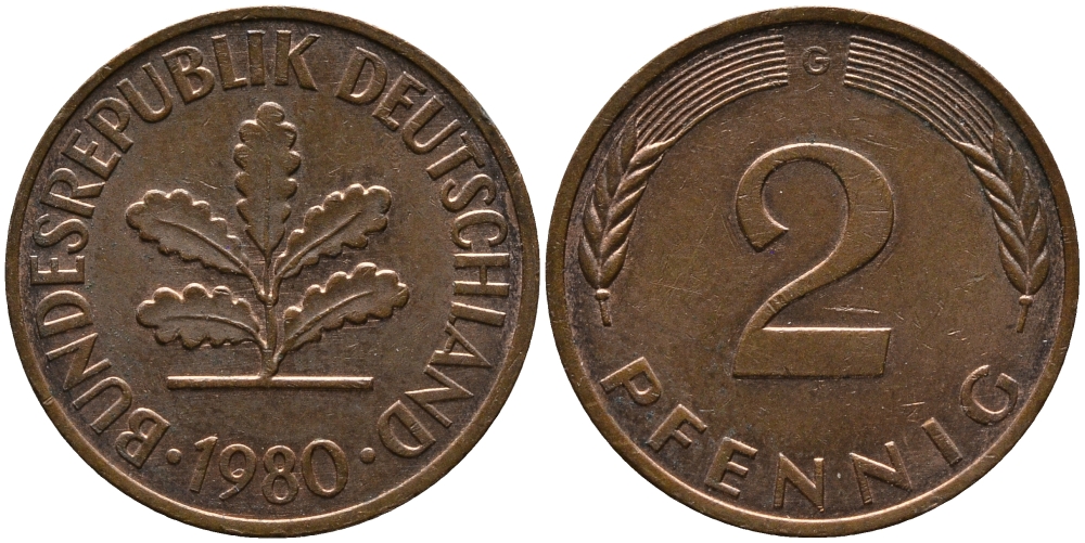 ФРГ 2 ПФЕННИГА 1980 G KM 106а, J.381а сталь плакированная сталь плакированная медьюю 33-241