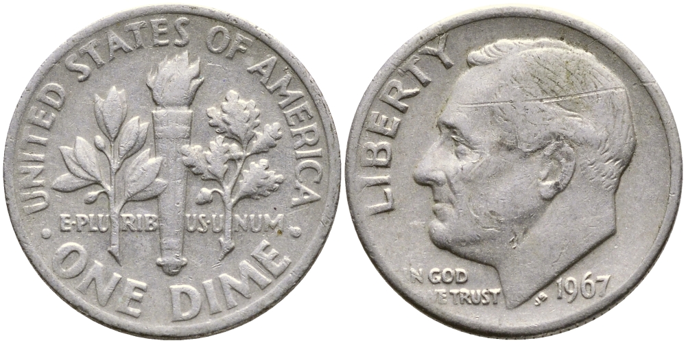 США 10 центов (дайм) 1967 Рузвельт KM 195а медь плакированная медно-никелем 84-931