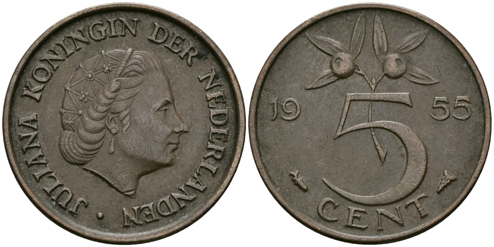 НИДЕРЛАНДЫ 5 ЦЕНТОВ 1955 ЮЛИАНА KM 181 бронза 95-321