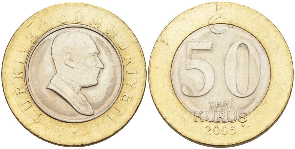 Турция 50 курушей 2005 Кемаль Ататюрк KM 1168 биметалл 4561-113