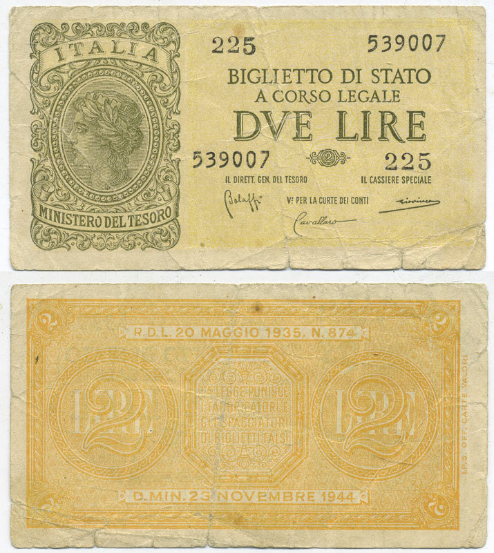 Италия 2 лиры 1944 Pick 30b, Grapanzano BS 16 бумага 7551-42-3-1