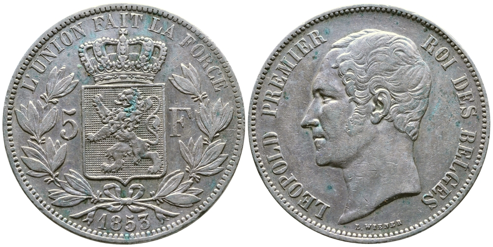 Бельгия 5 франков 1853 Леопольд I (1831-1865) KM 17 серебро 00-1067-5-54
