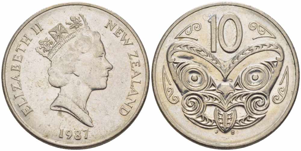 Новая Зеландия 10 центов 1987 Елизавета II (1952-2022), маска маори KM 61 медно-никель 60-1333