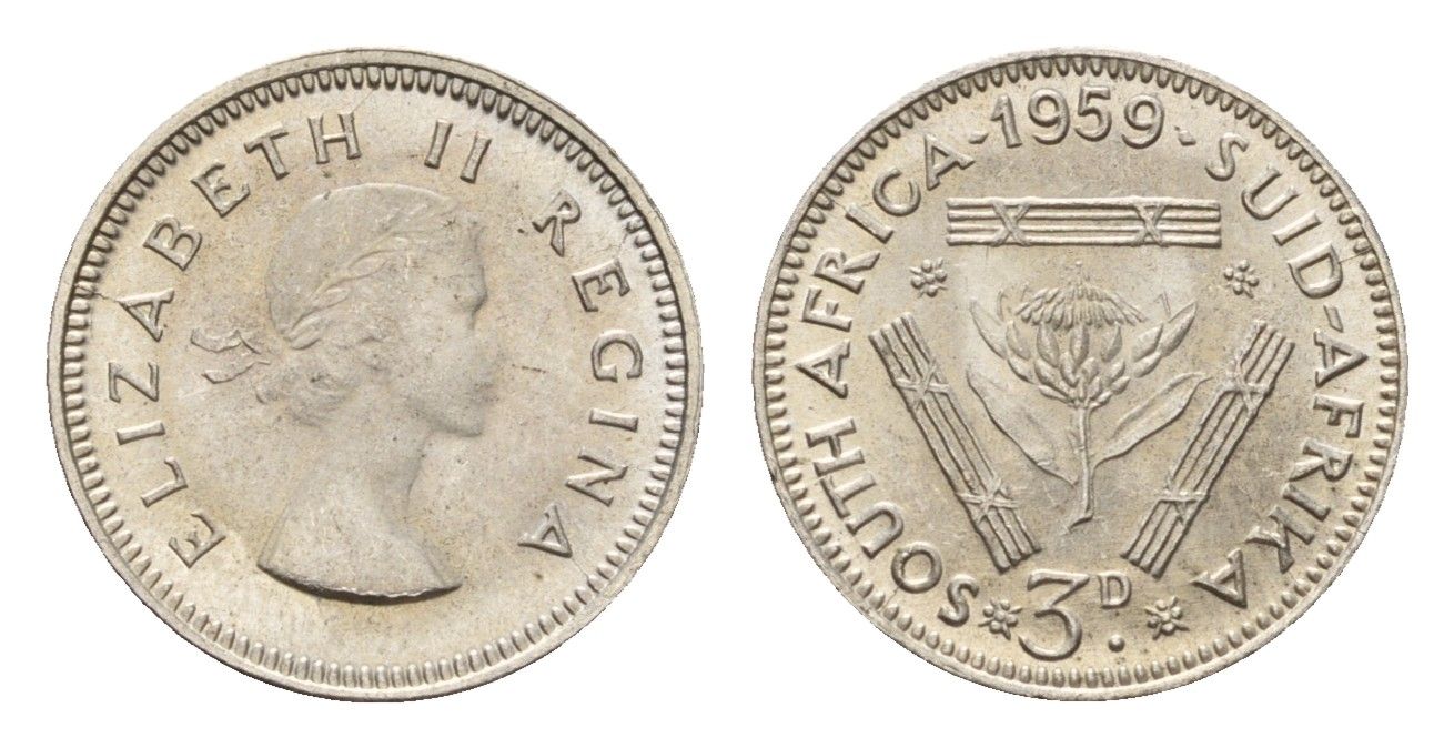ЮАР 3 пенса 1959 Елизавета II (1952-2022) KM 47 серебро UNC 4547-1232