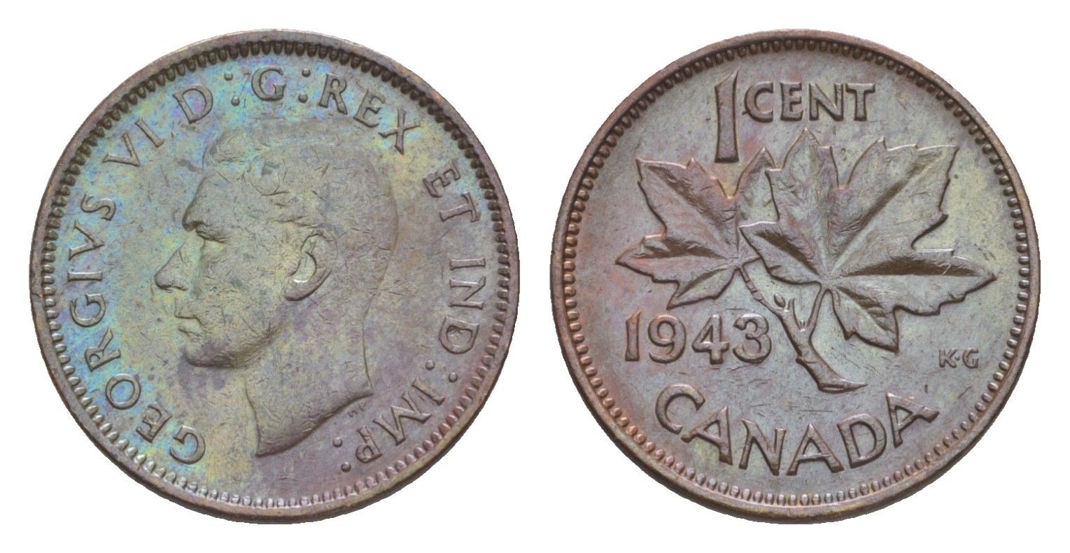 Канада 1 цент 1943 Георг VI (1936-1952), кленовый лист KM 32 бронза 4639-257