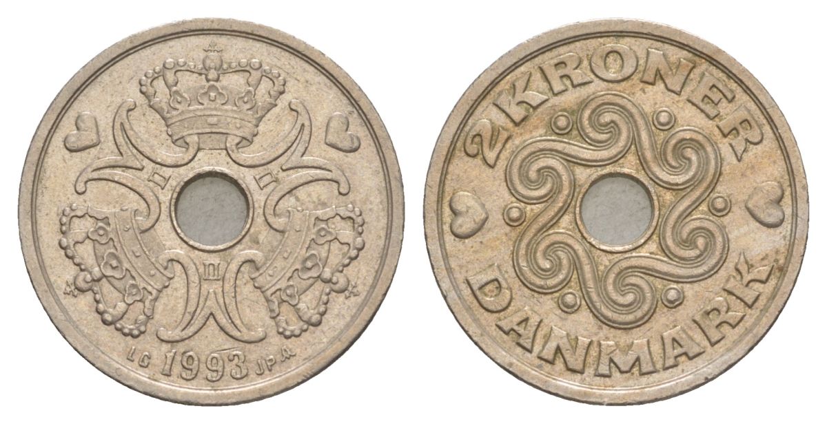 Дания 2 кроны 1993 KM 874 медно-никель 4633-624