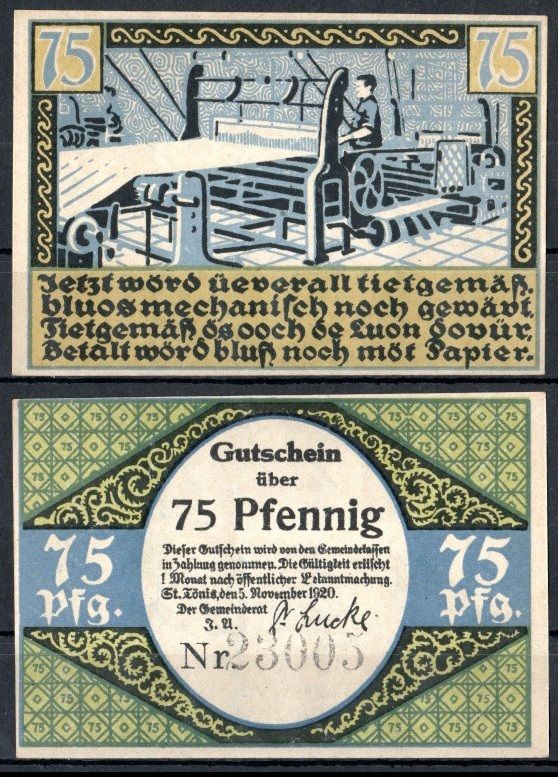 Санкт-Тёнис (Пруссия, Рейн) 75 пфеннигов 1920 Mehl Grabowski 1167.1a-5/5 бумага UNC (пресс) 7553-22-2-2