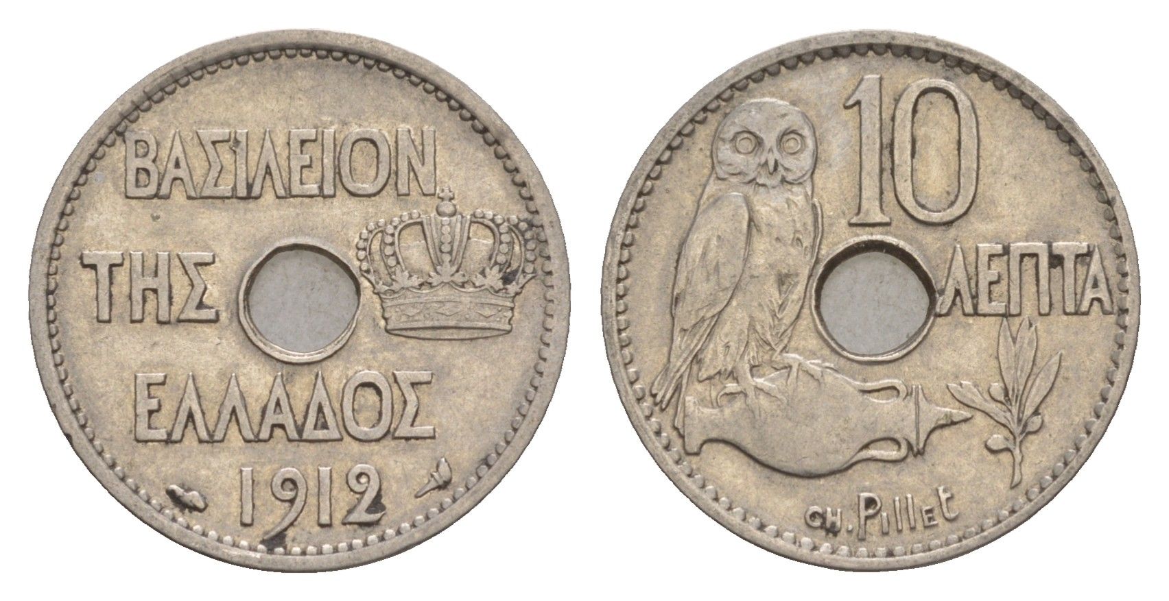 Греция 10 лепт 1912 Георг I (1863-1913), сова KM 63 никель 4655-355
