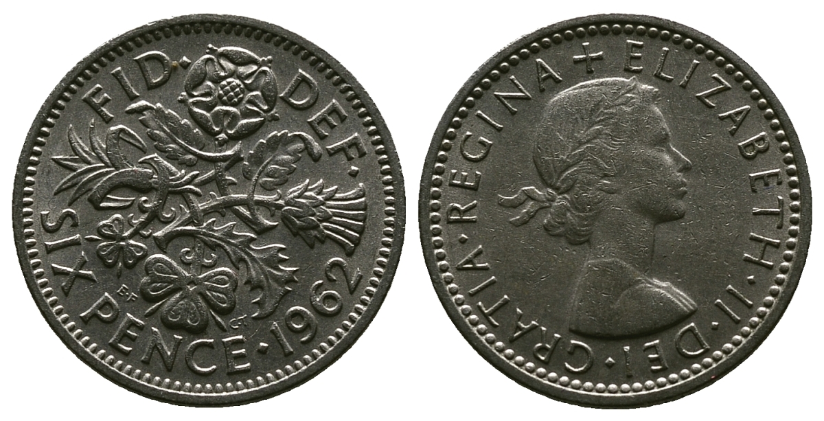 Великобритания 6 пенсов 1962 Елизавета II (1952-2022) KM 903, Spink 4149 медно-никель 4381-742