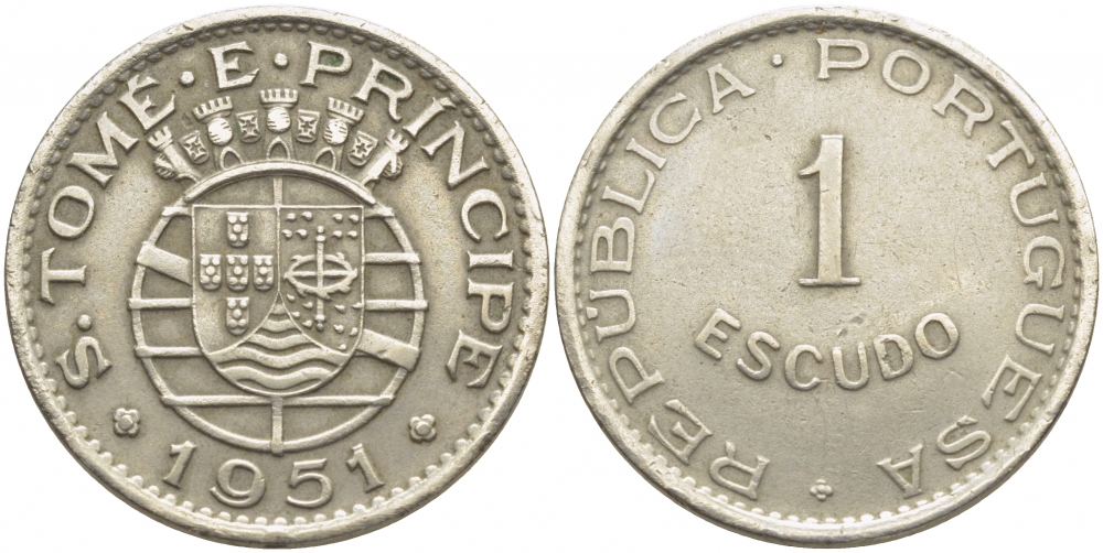 Португальское Сан-Томе и Принсипи 1 эскудо 1951 год тип KM 11 медно-никель 00-00