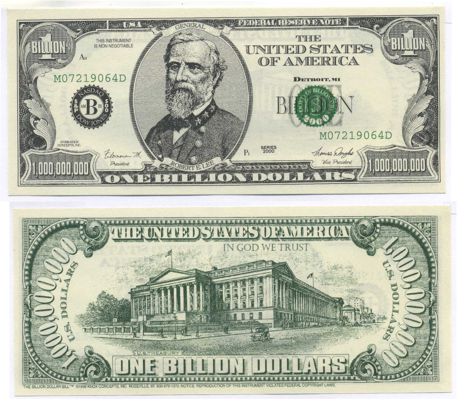 США 1000000000 ДОЛЛАРОВ 2000 СУВЕНИРНАЯ БАНКНОТА, ГЕНЕРАЛ РОБЕРТ ЛИ бумага UNC (ПРЕСС) 00-00