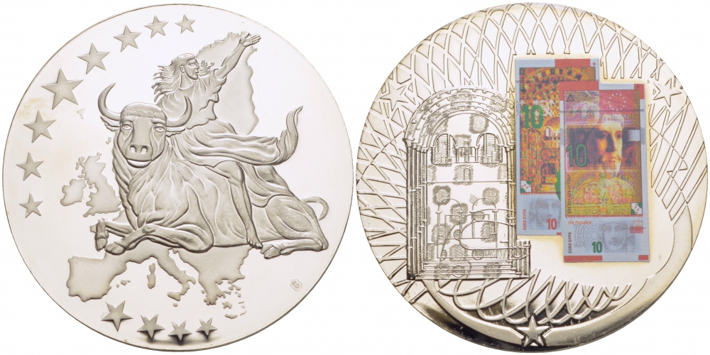 НИДЕРЛАНДЫ МЕДАЛЬ 2002 ПОХИЩЕНИЕ ЕВРОПЫ, КУПЮРА 10 ЕВРО ЕВРОПРОБА, СЕРЕБРЕНИЕ, ЦВЕТНАЯ ЭМАЛЬ, ДИАМЕТР 50 ММ. ВЕС 54 ГР. медно-никель PROOF 01-237-54