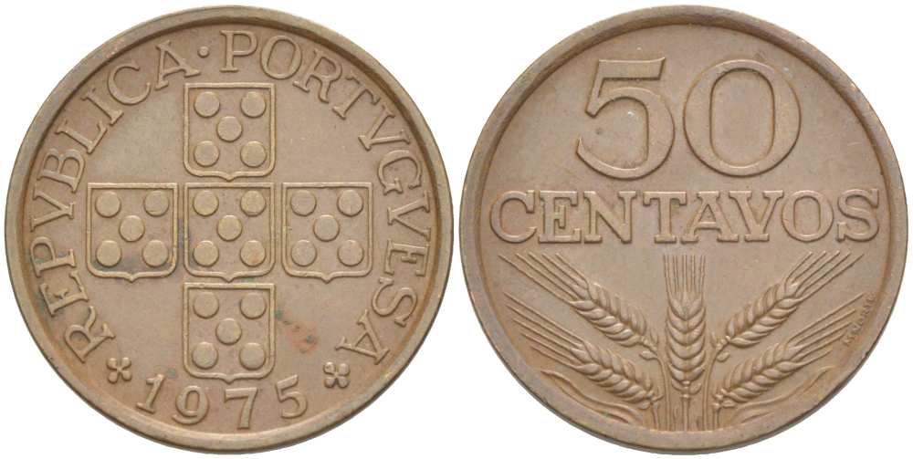 ПОРТУГАЛИЯ 50 СЕНТАВО 1975 KM 596 бронза 4513-1231
