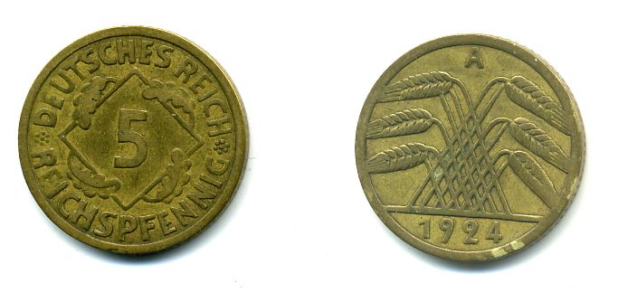 ГЕРМАНИЯ 5 РЕЙХСПФЕННИГОВ 1924 A, KM 39, J. 316 алюминиевая бронза 46-2122