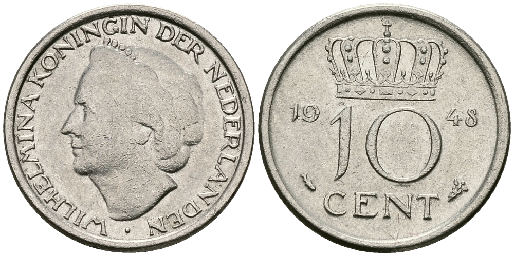 Нидерланды 10 центов 1948 Вильгельмина (1895-1948) KM 177 никель 96-526