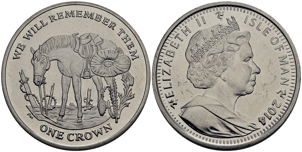 Остров Мэн 1 крона 2014 в память героев первой мировой войны, одинокая лошадь KM NEW медно-никель  UNC 4386-614