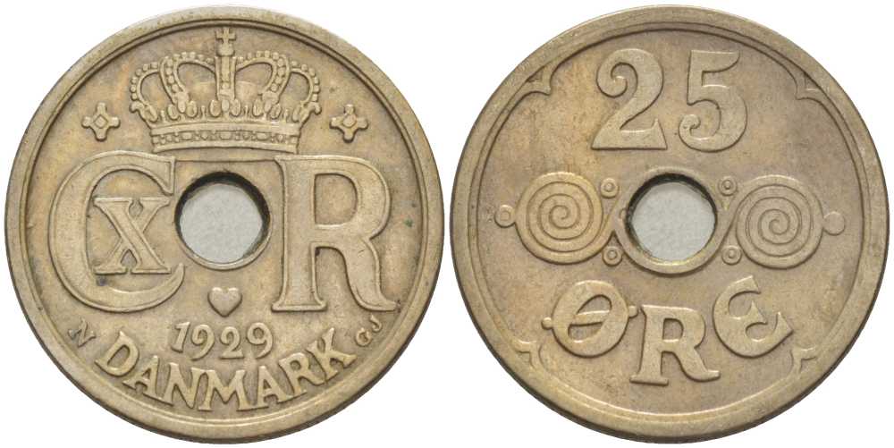 Дания 25 эре 1929 N ; GJ, Кристиан X (1912-1947) KM 823.2 медно-никель 4383-921